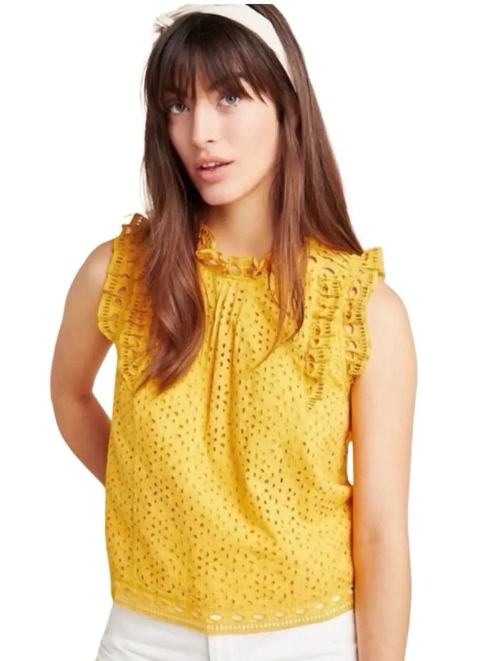 Anthropologie Maeve Tilly Eyelet Ruffle sleeveless top Gold Size 4